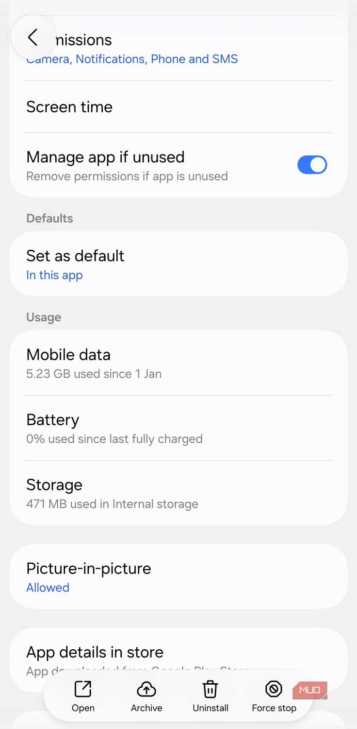 App info page showing battery usage