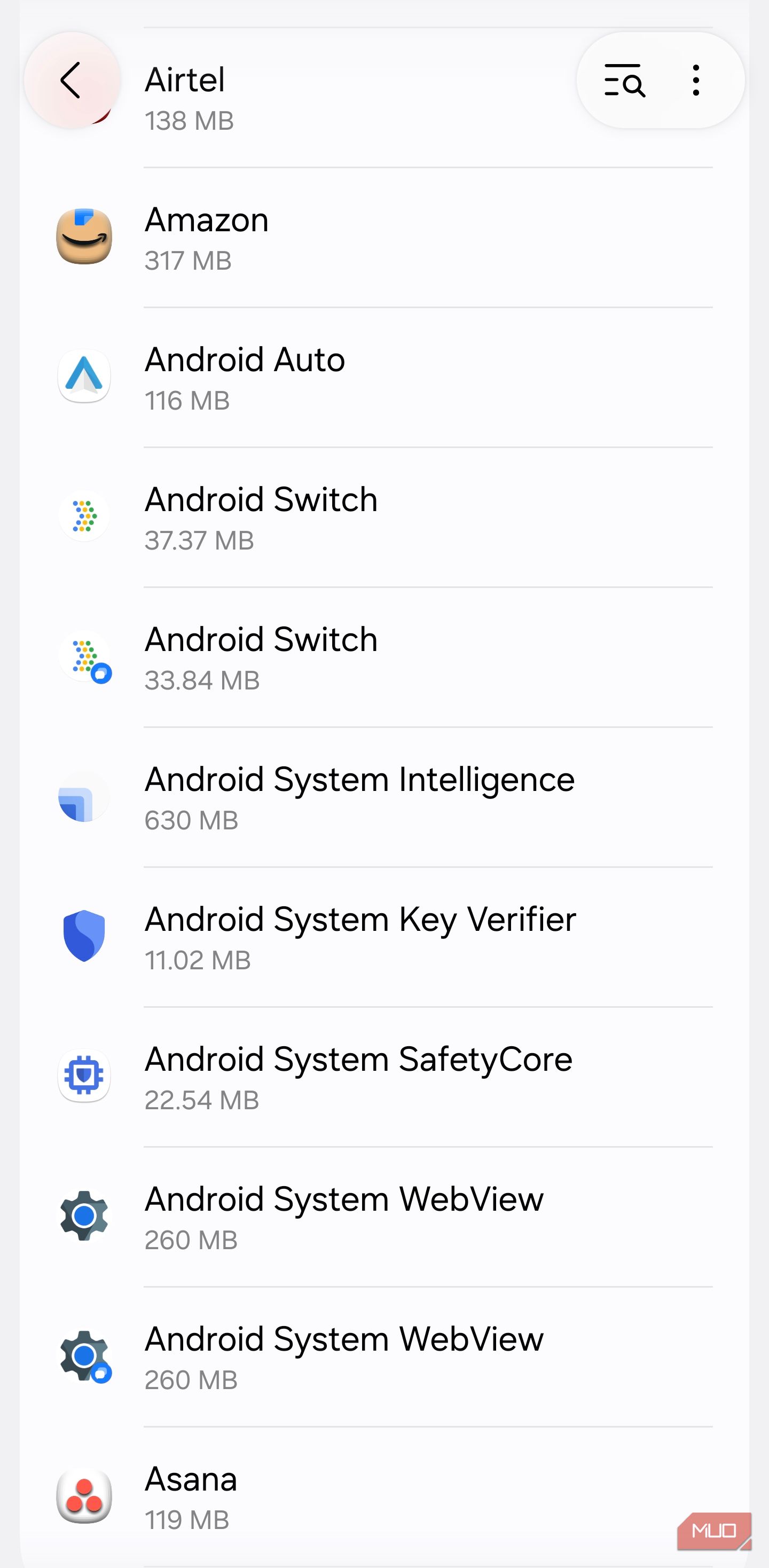 Apps list with Amazon storage usage