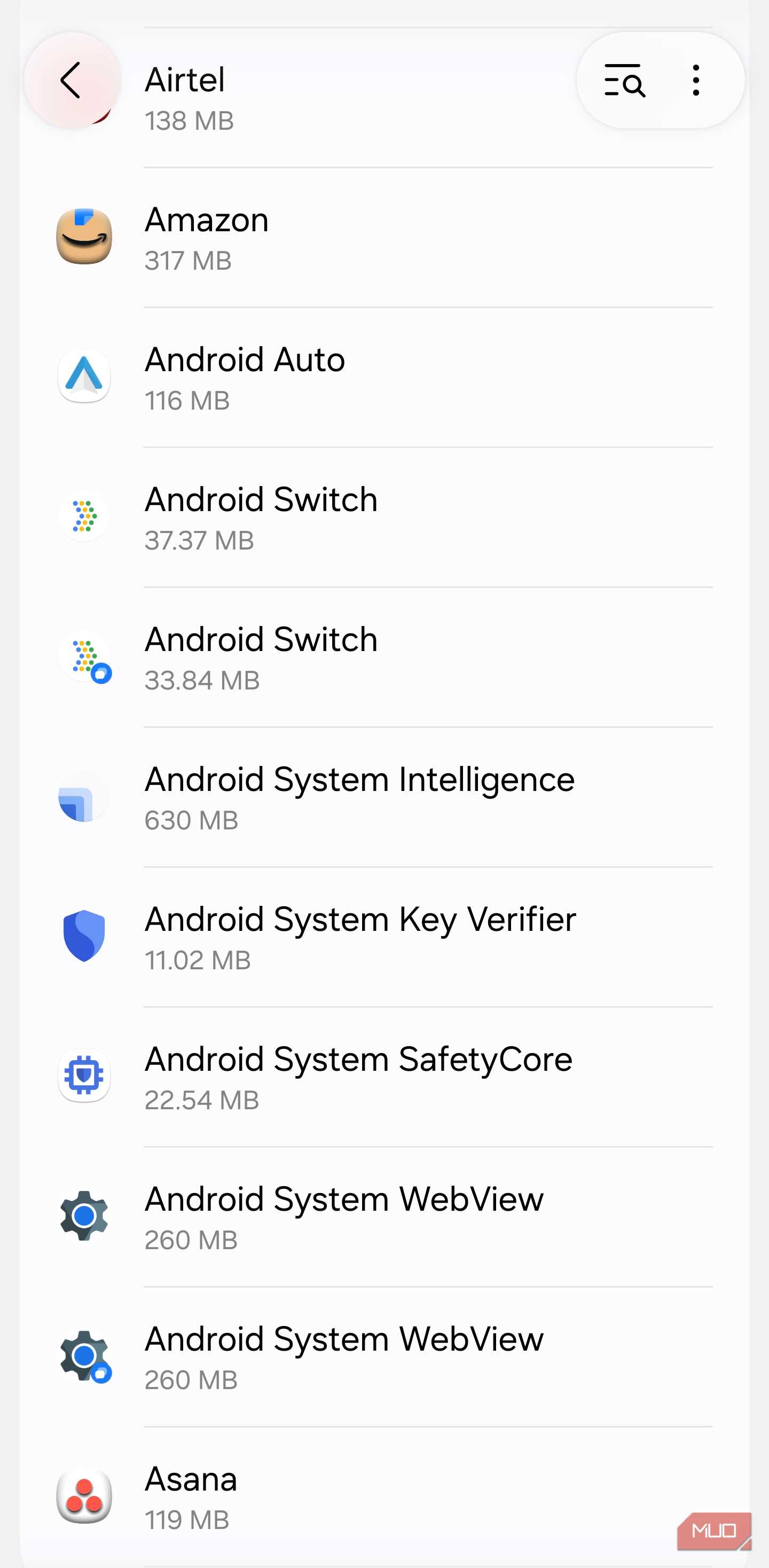 Apps list with Amazon storage usage