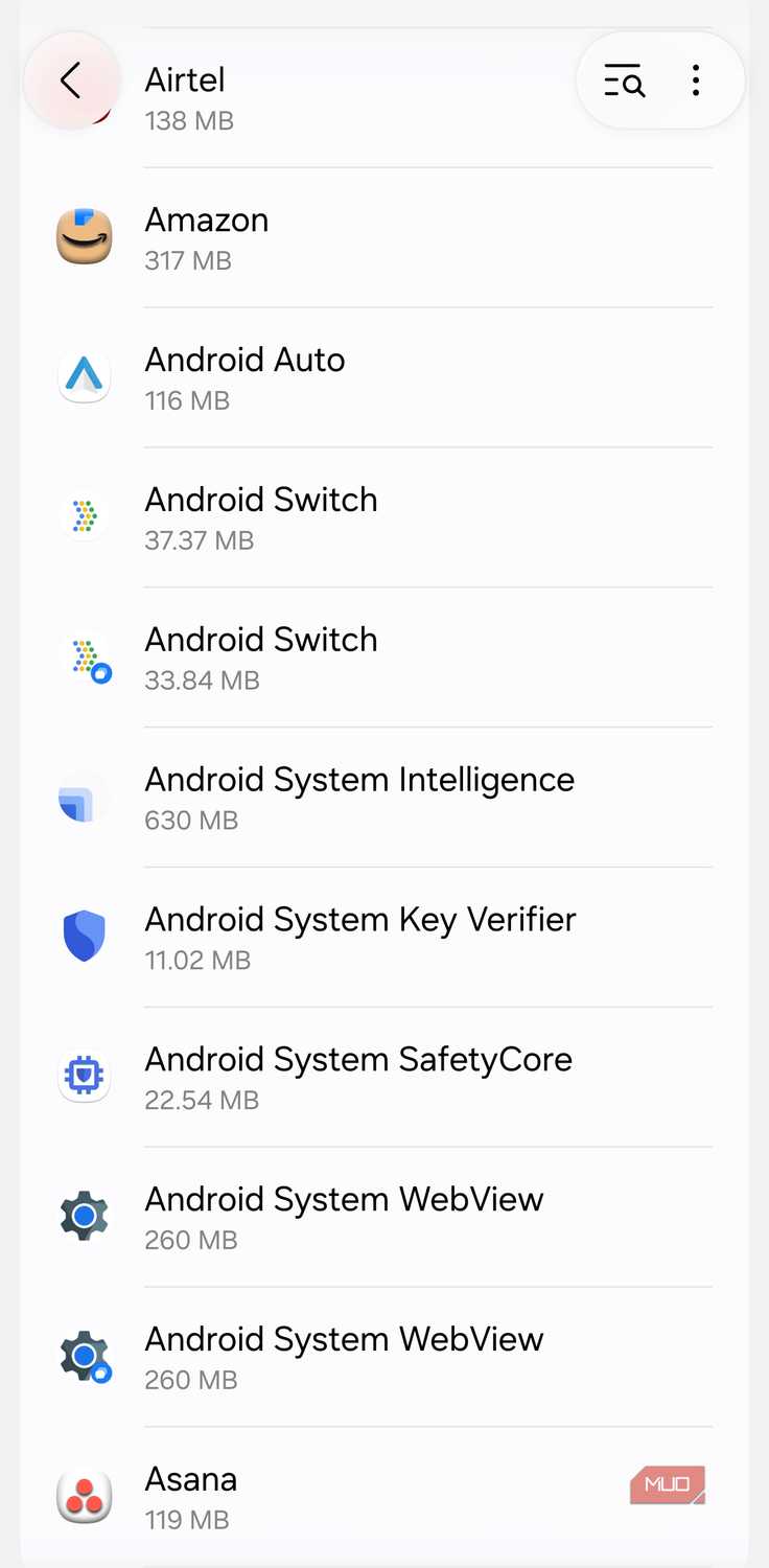 Apps list with Amazon storage usage