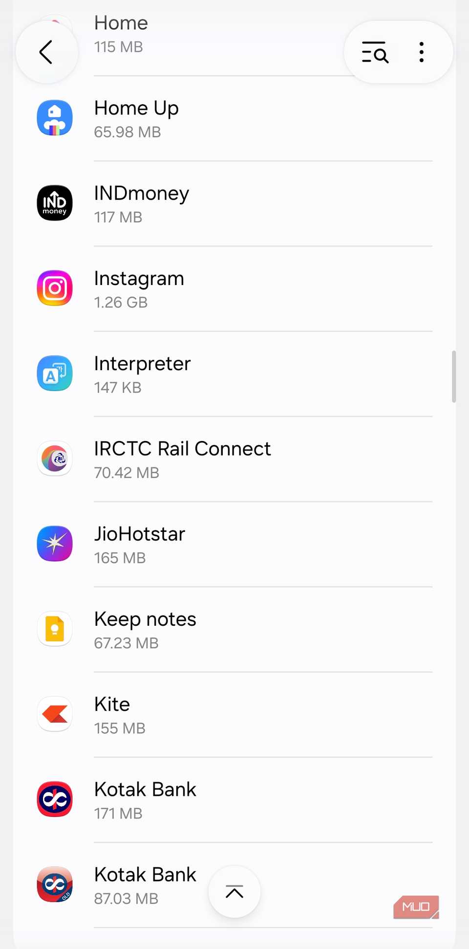 Apps menu on Android