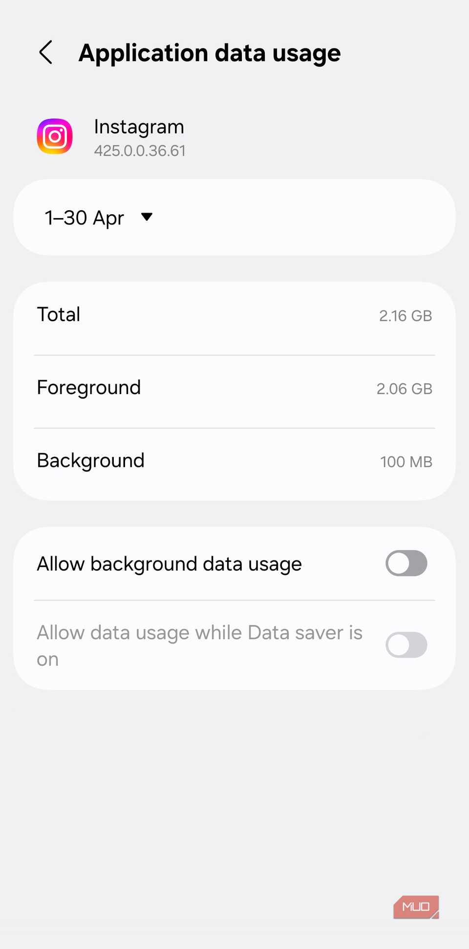 Apps mobile data usage menu on Android