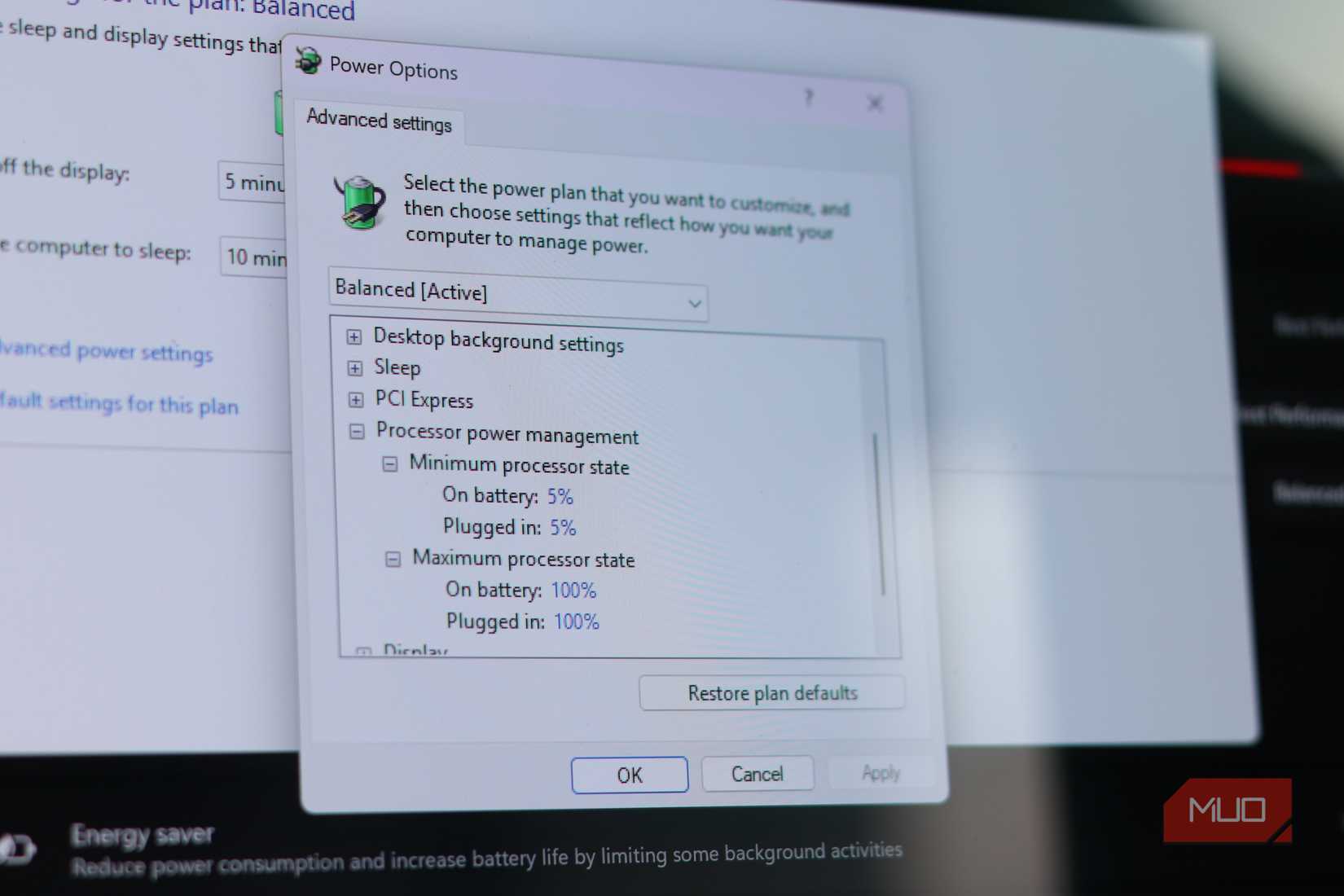 Balanced Power plan advanced settings in control panel.