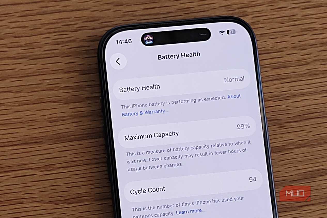Battery health screen on an iPhone 17 Pro