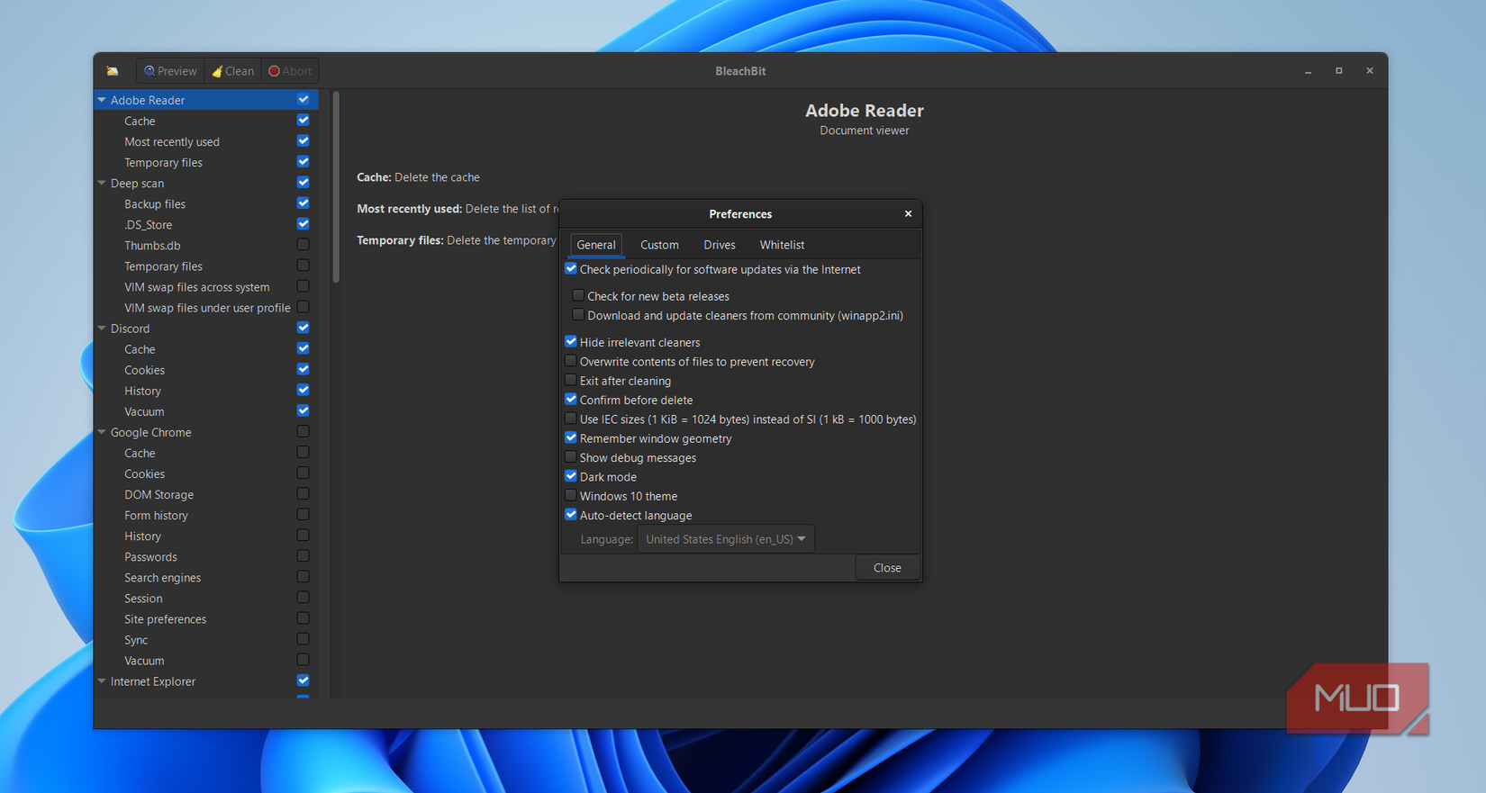 BleachBitの設定画面、カスタマイズオプションが表示されている