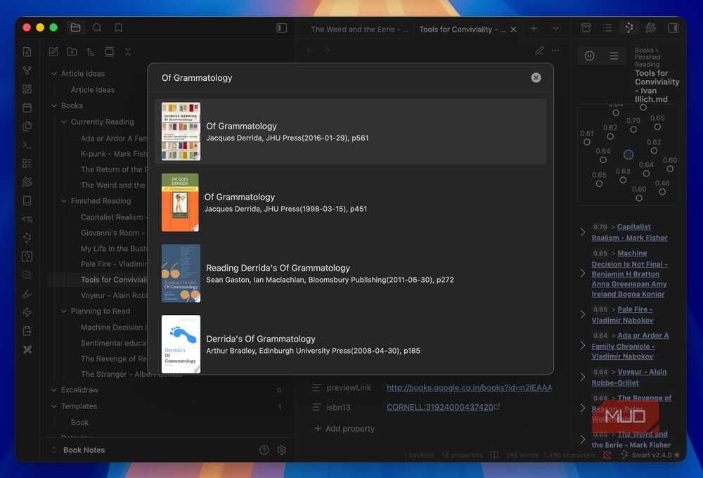 Book Notes plugin interface for organizing reading lists and annotations in Obsidian