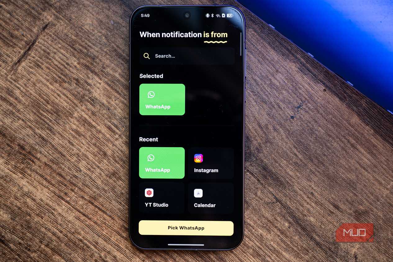WhatsApp selected for a new notification rule on Buzzkill