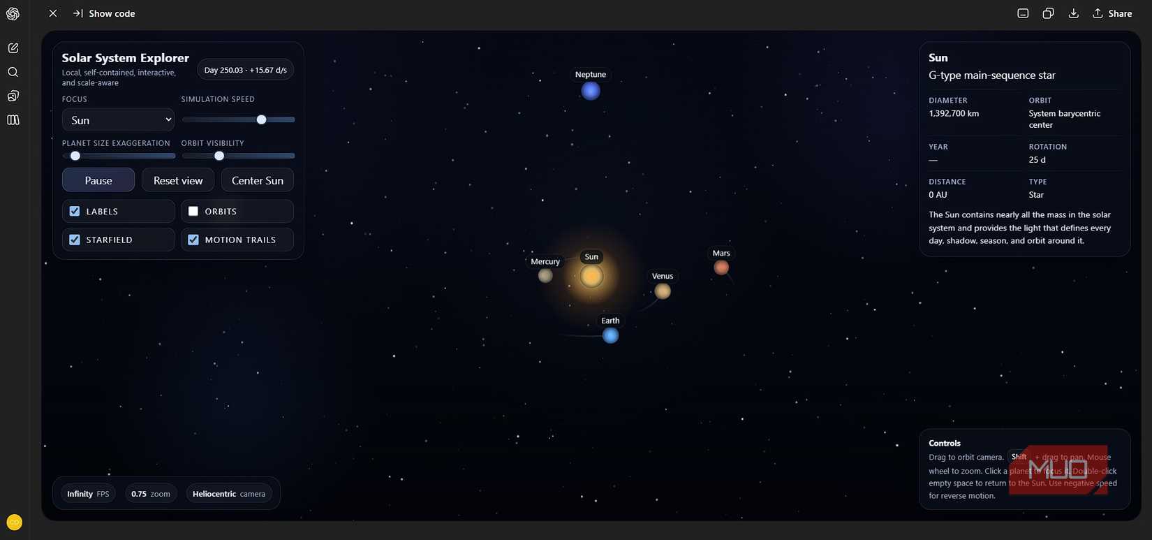 ChatGPT outputting a fixed solar system simulator