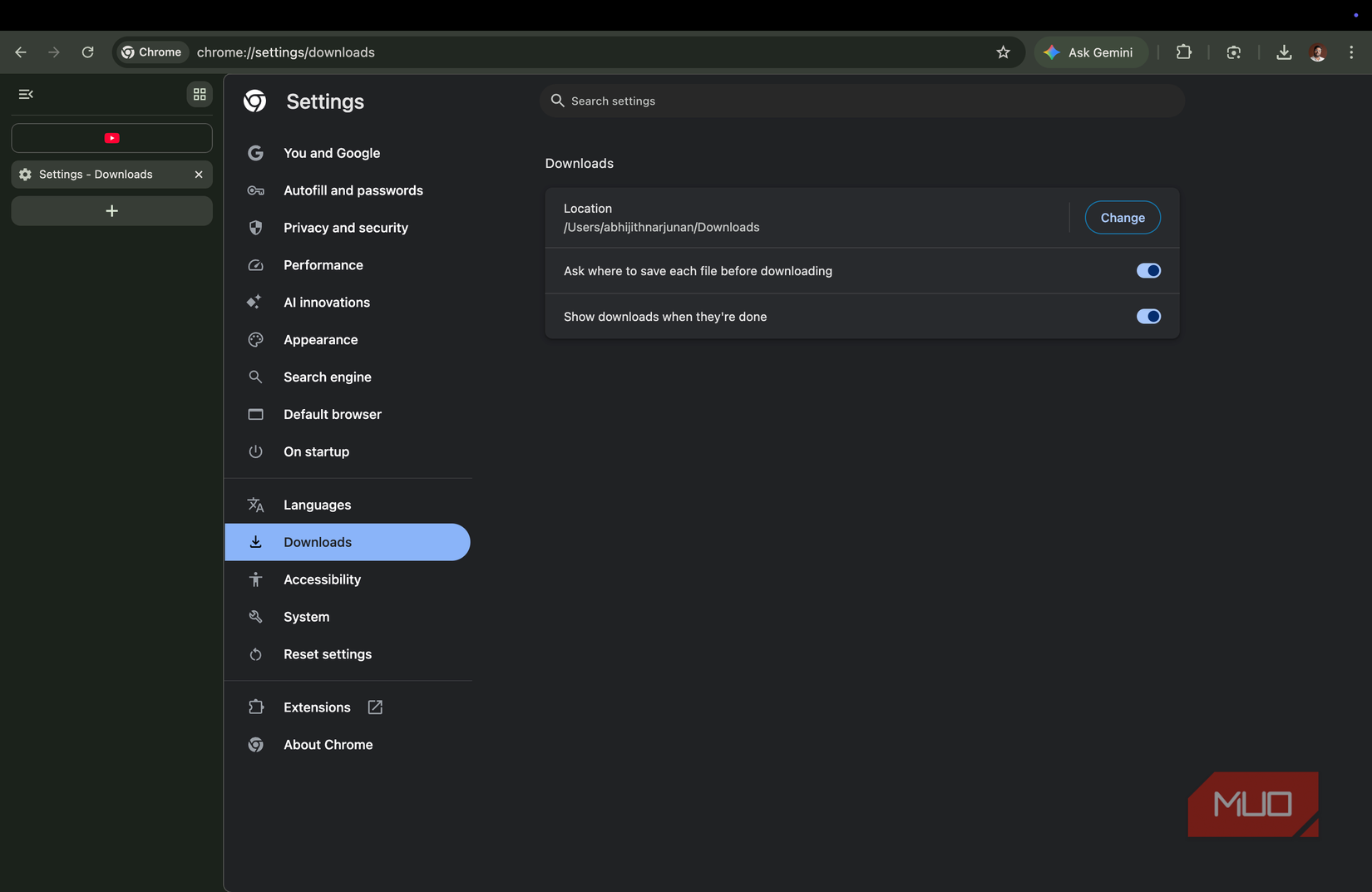 Chromeのダウンロード設定画面