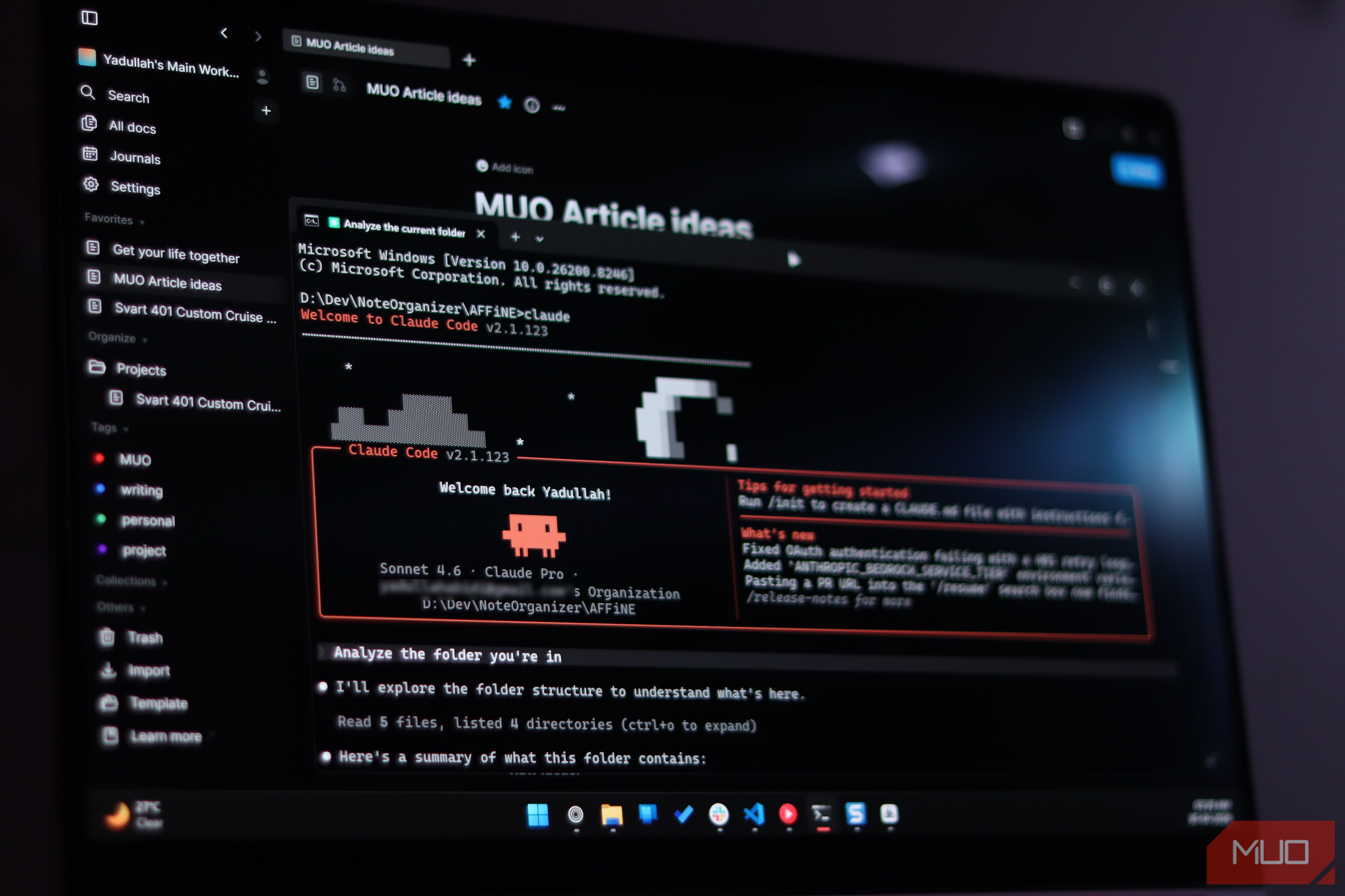 Claude Code and AFFiNE running on WIndows 11