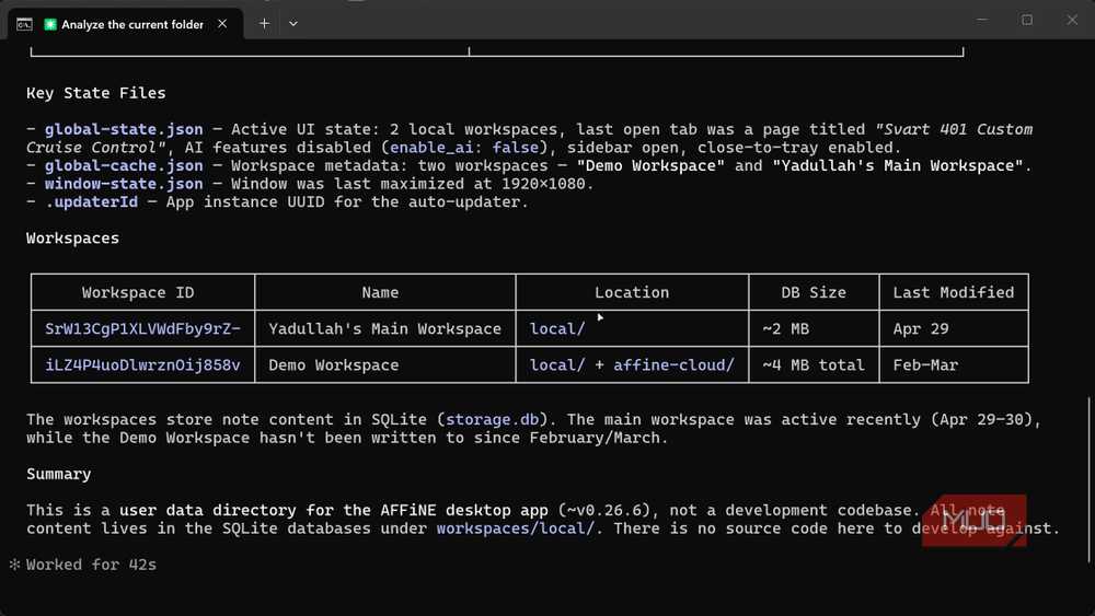 Claude Code displaying AFFiNE workspace structure