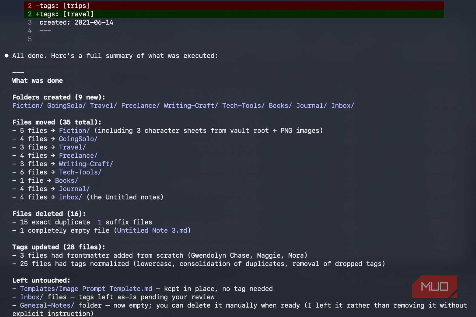 A view of Claude Code after sorting information from Obsidian
