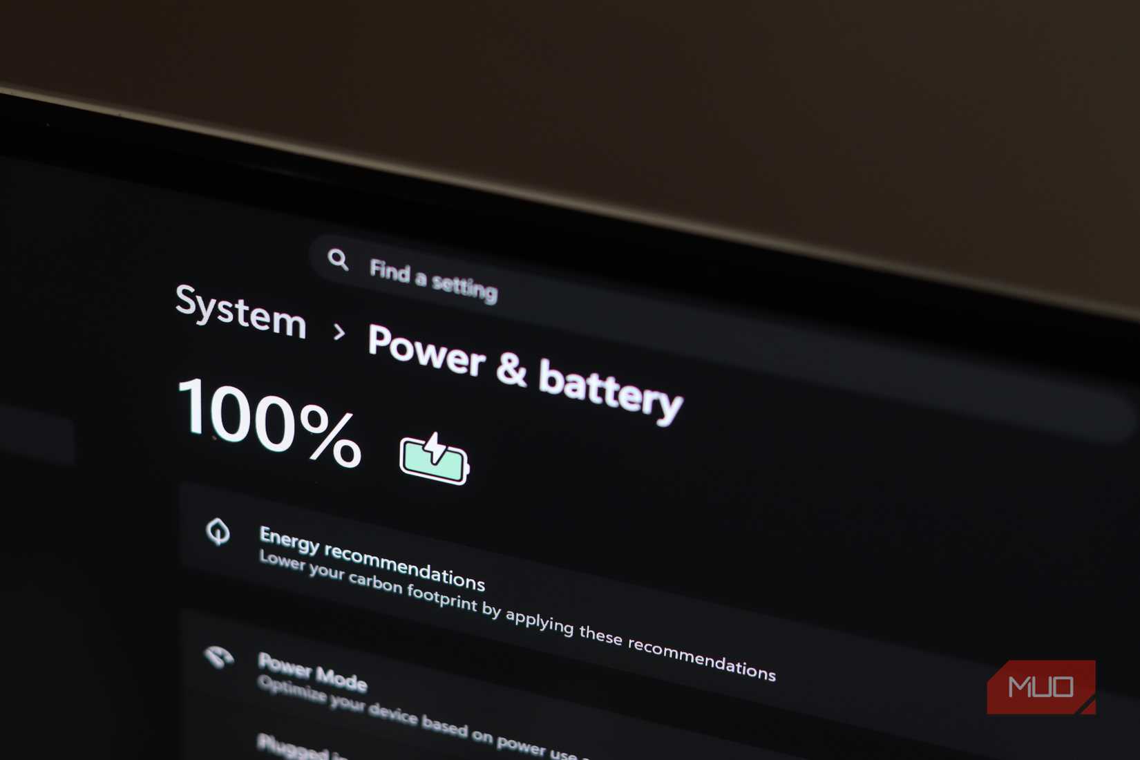 Close up of Power and Battery settings in Windows 11.