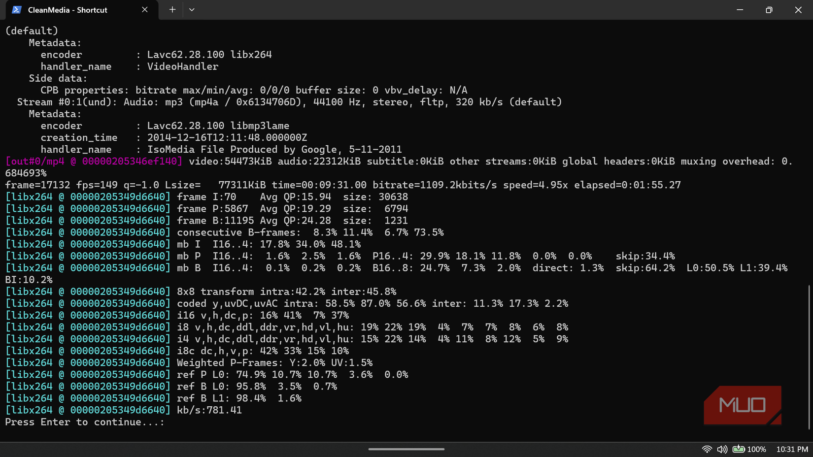 Command prompt window displaying the completion of an FFmpeg video encoding process.