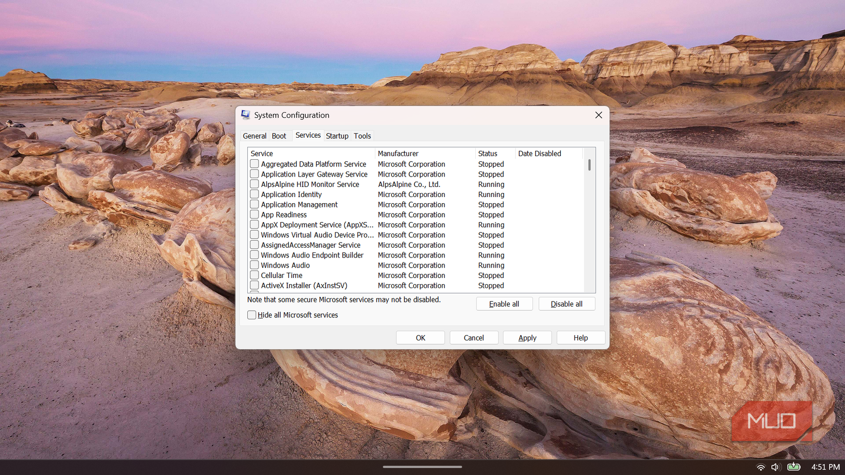 Configuration window showing the Services tab.