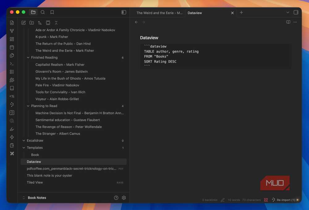 Dataview plugin generating dynamic tables from Obsidian notes using queries