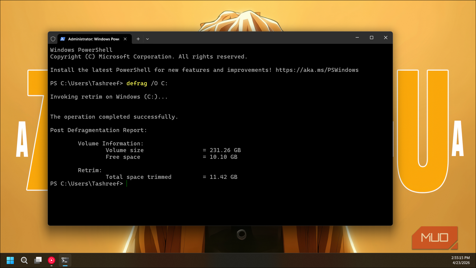 Windows Terminalでdefrag /O C:コマンドを実行している画面