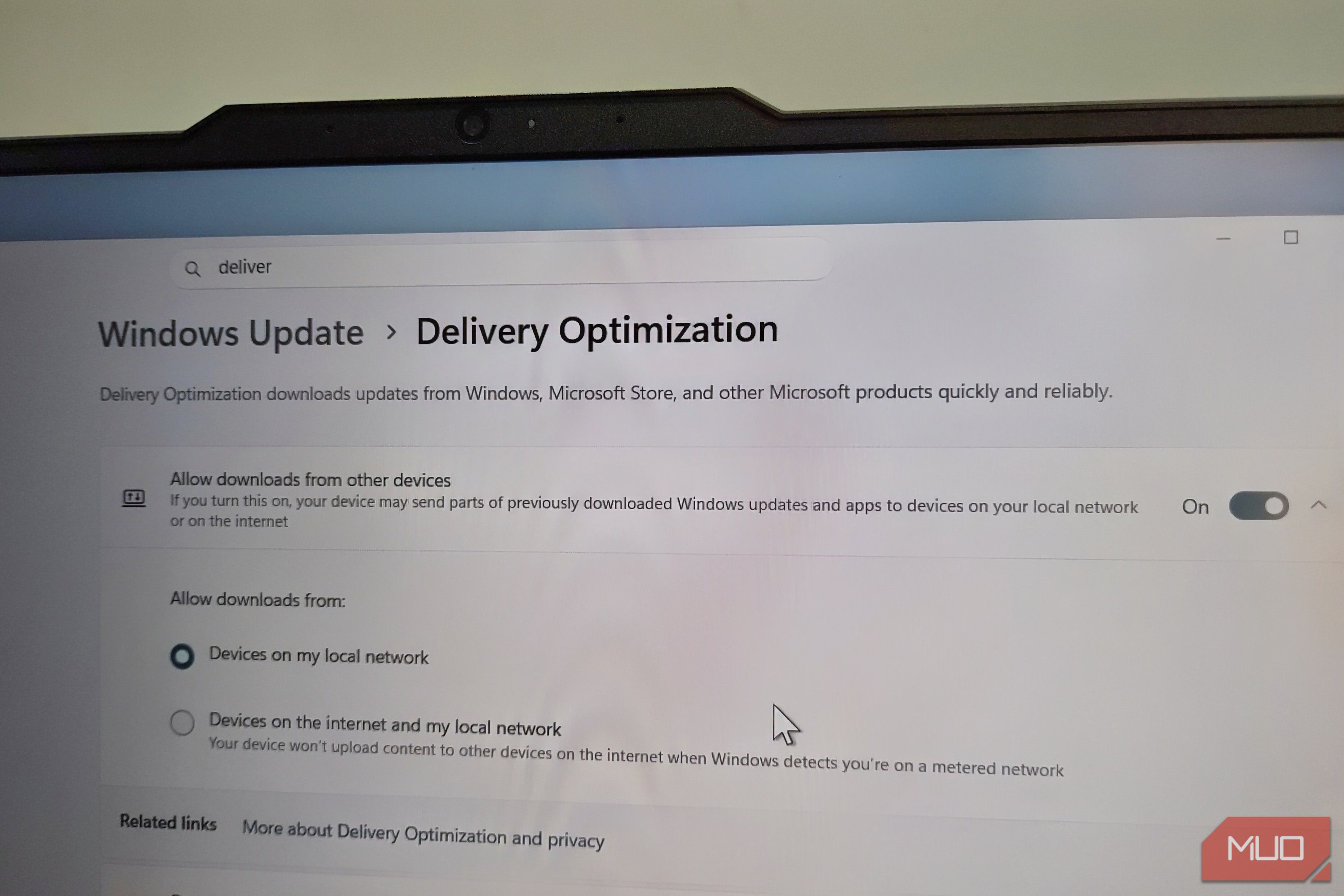Delivery optimization feature on Windows 11 laptop