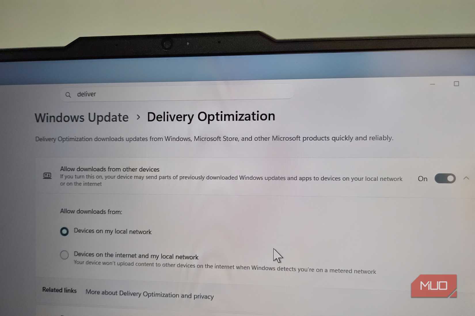 Delivery optimization feature on Windows 11 laptop