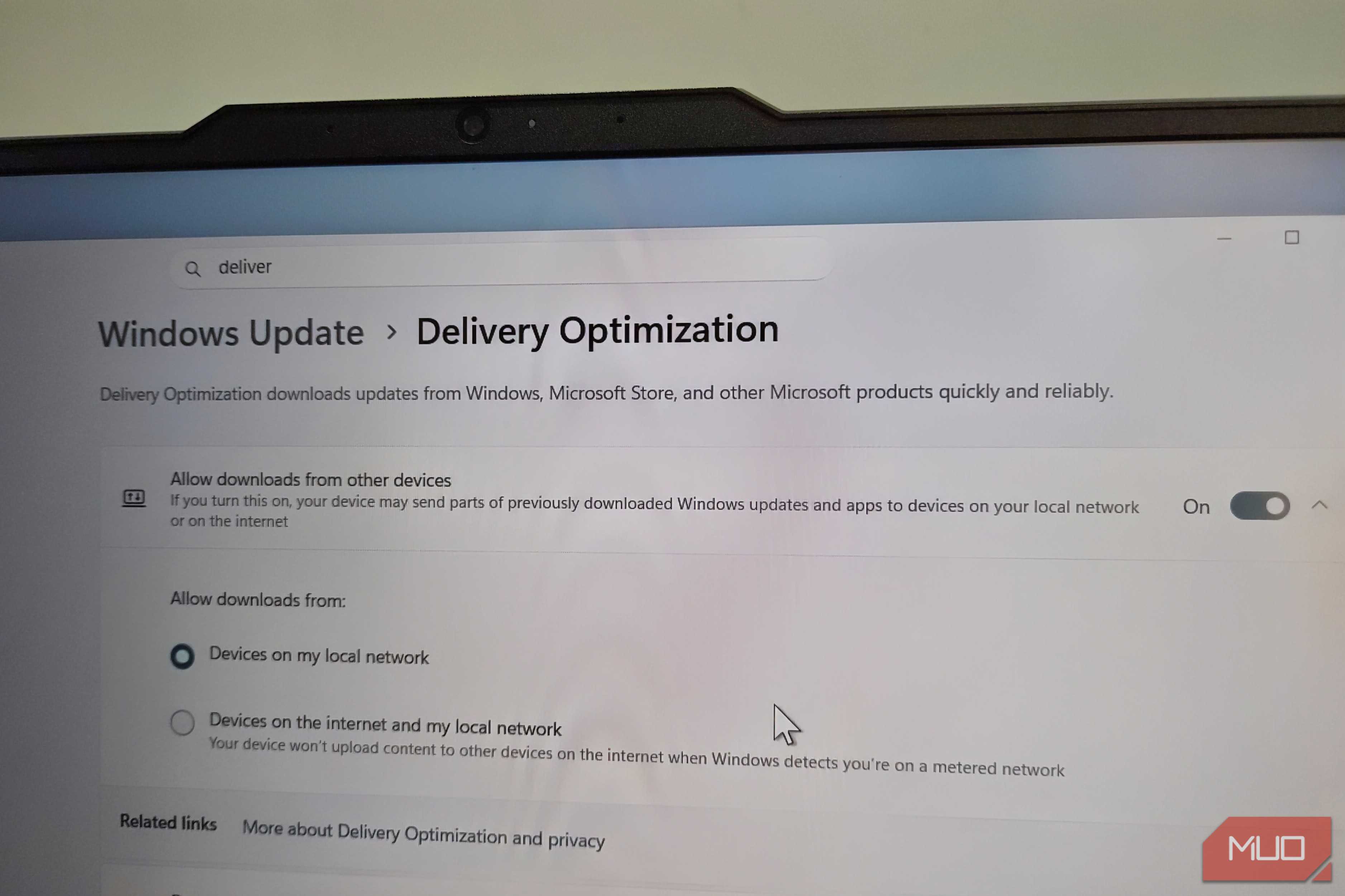 Delivery optimization feature on Windows 11 laptop