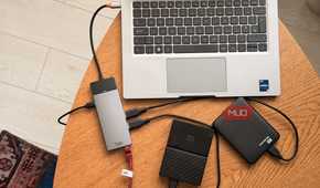Dell Latitude connected to USB-C Thunderbolt hub with two external hard drives