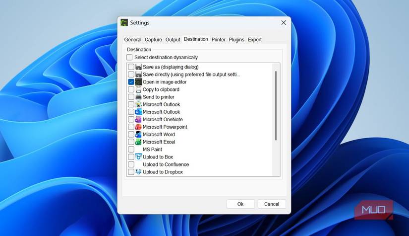 Destination tab in Greenshot Settings