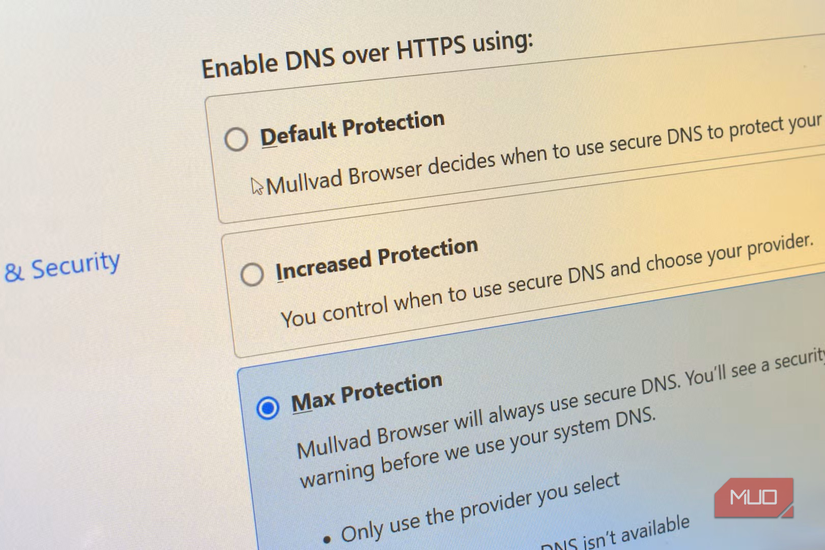 dns encryption options in mullvad browser close up computer screen