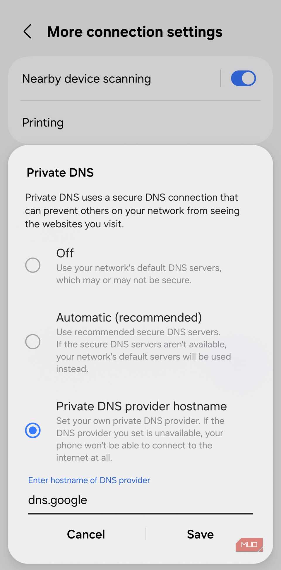 DNS settings menu on Android