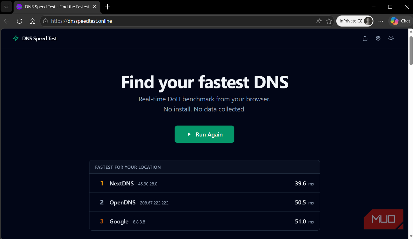 DNS Speed Test results