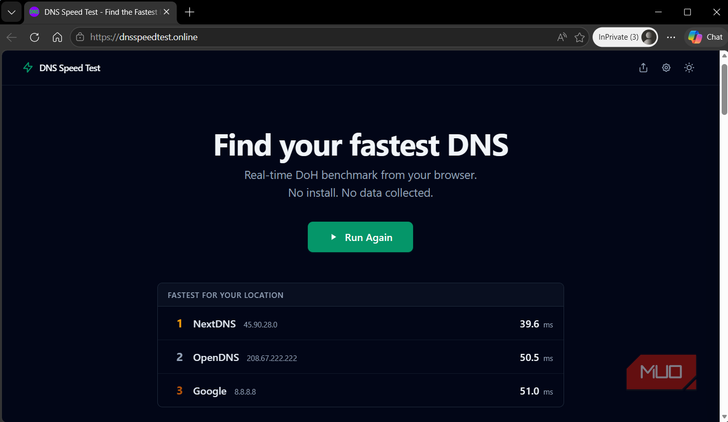 DNS Speed Test results