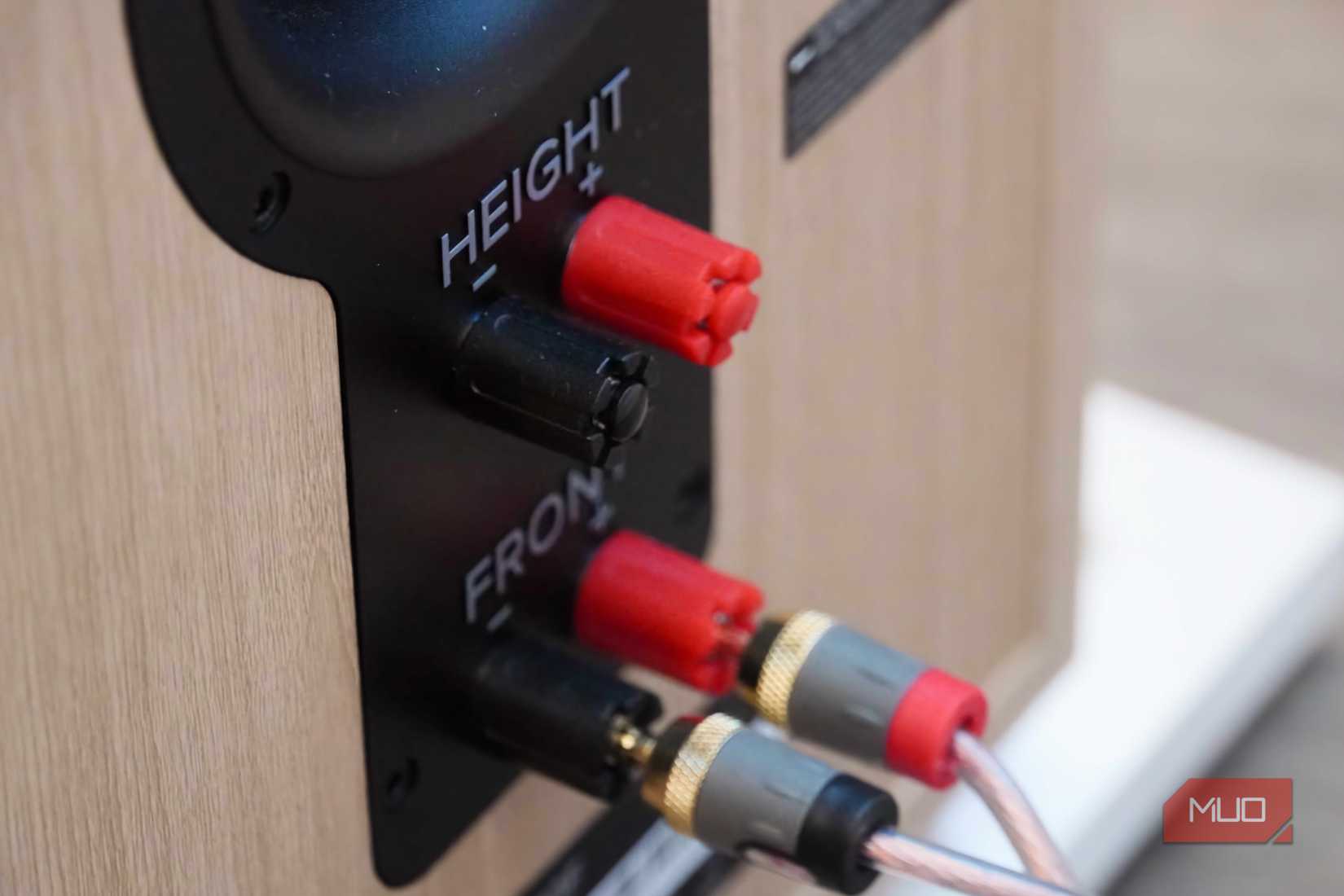 Height speaker connections on the back of a JBL floor speaker.