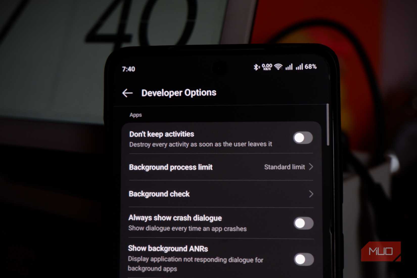 an Android showing the developer options menu