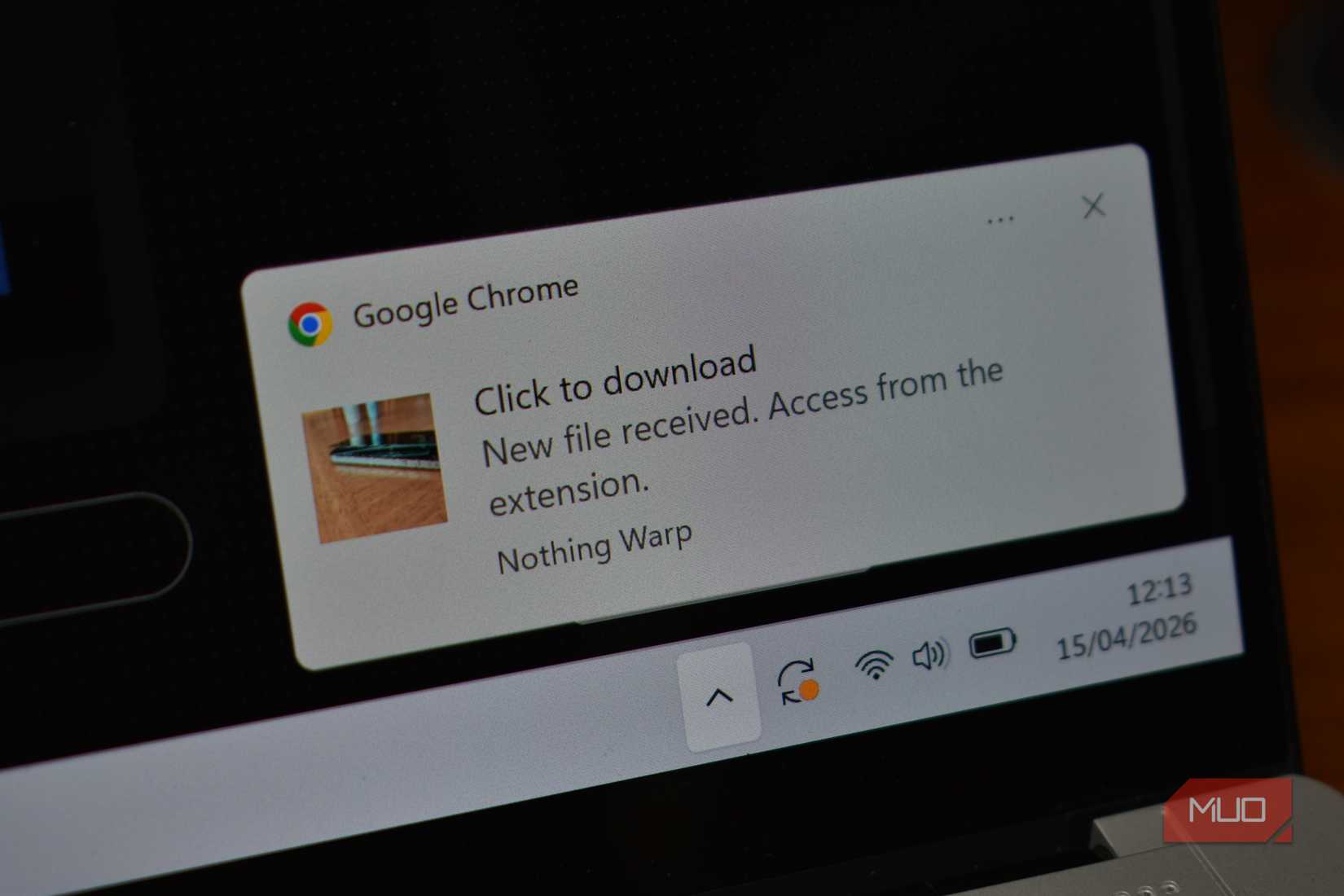 A Windows notification showing a file sent using Nothing Warp.
