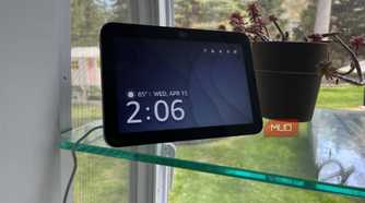 An Echo Show 8 smart speaker in a kitchen