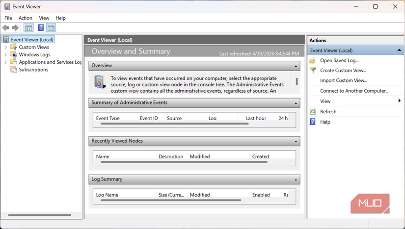 Event Viewer interface