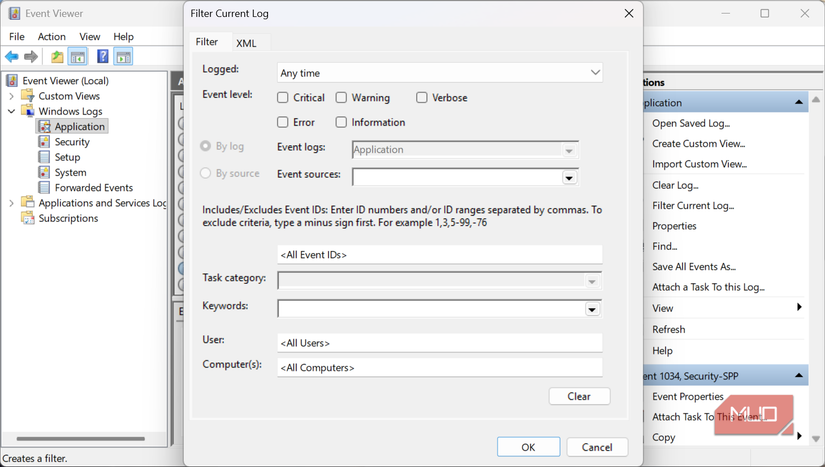 Event Viewer log filtering