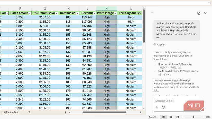 Excel Copilotが自然言語から数式を生成する画面