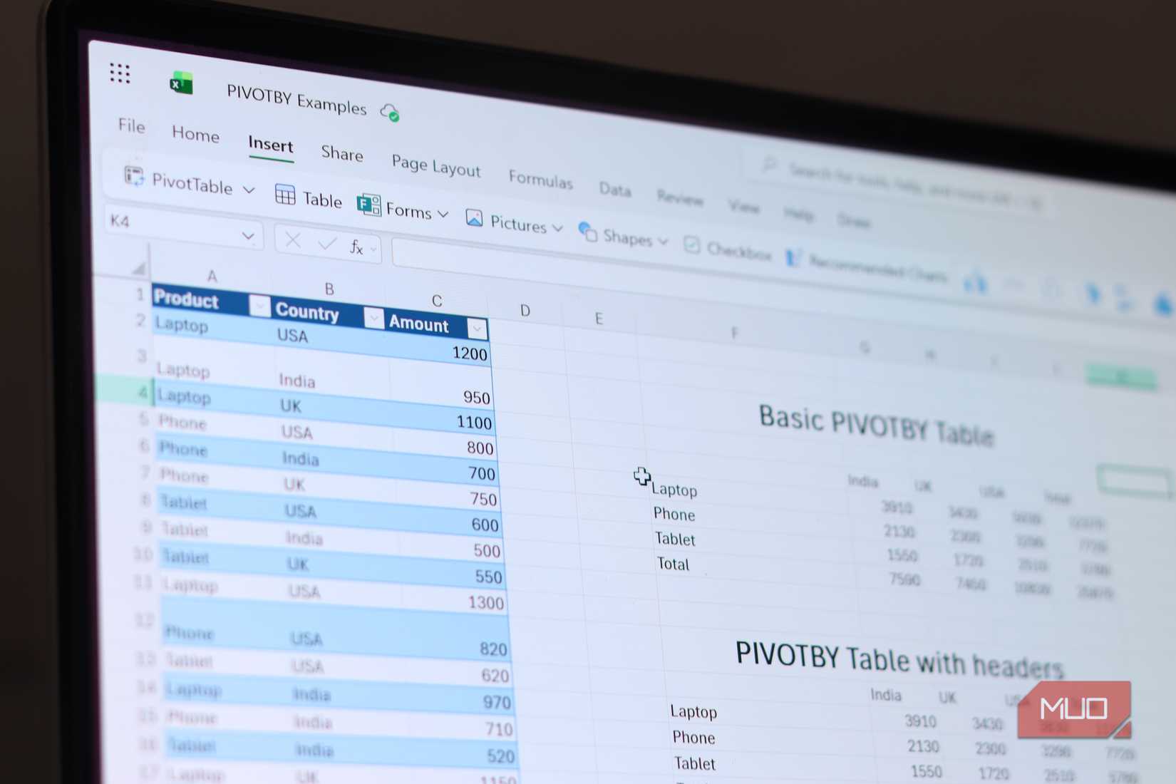 Excel data in a table