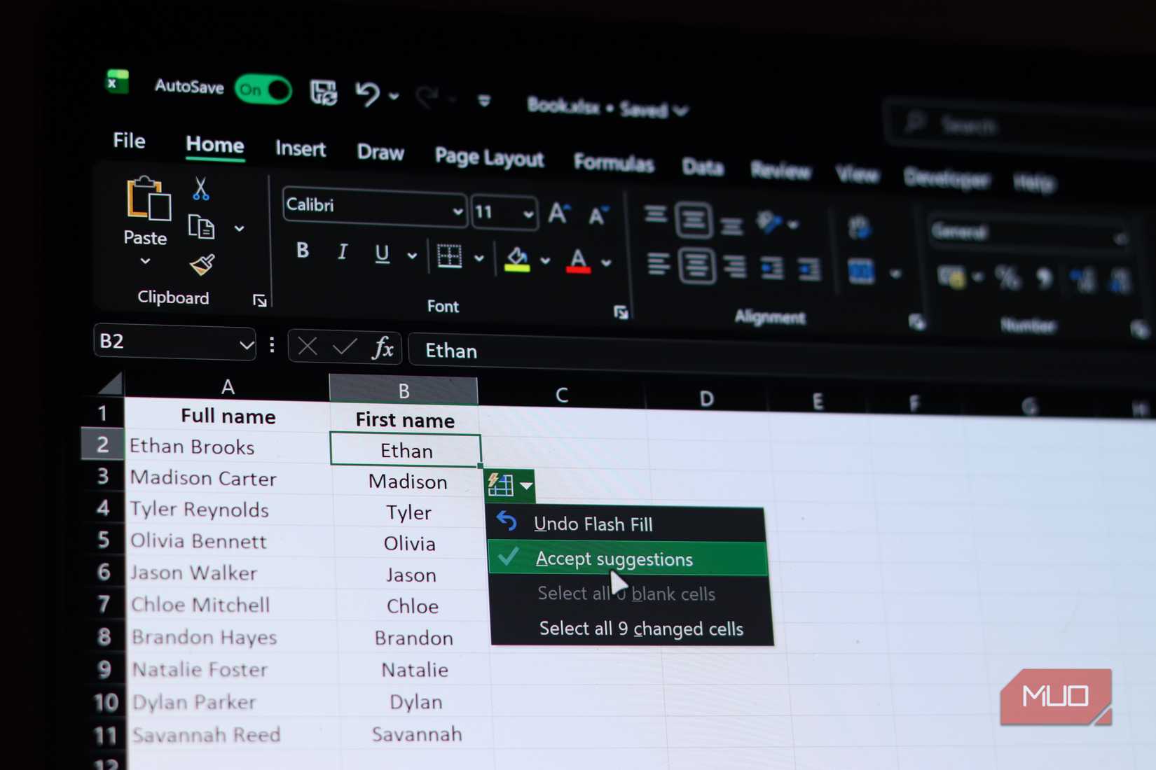 Excel Fast Fill cusotmization options.