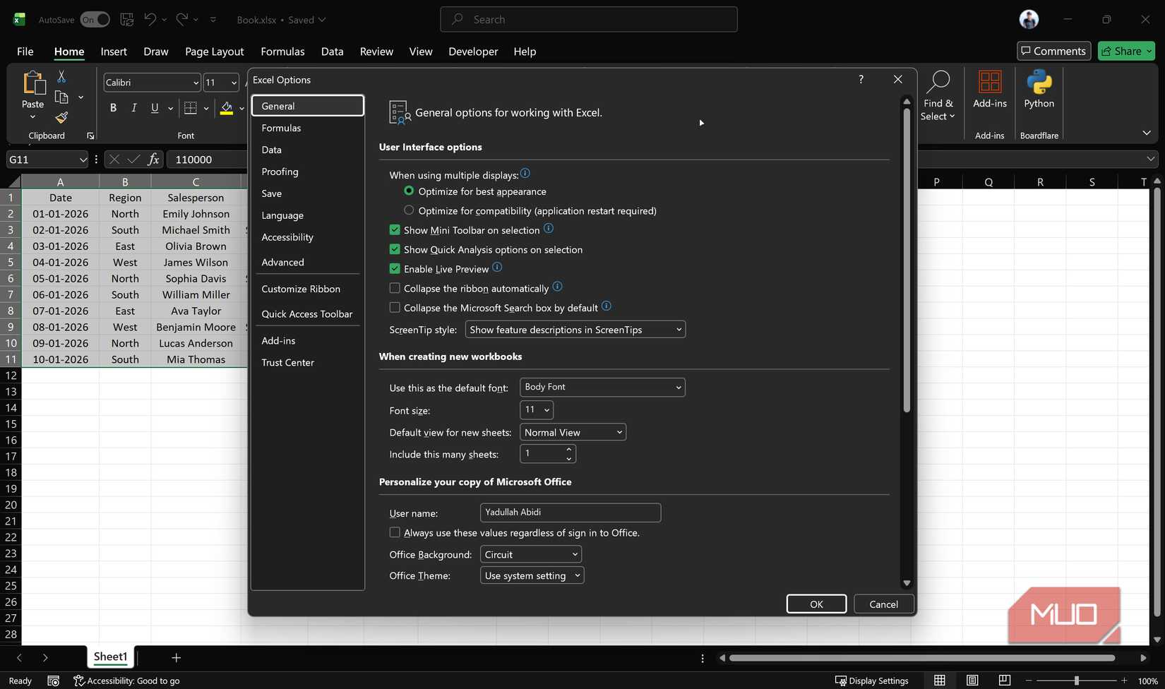 Excel Quick Analysis General Settings page.