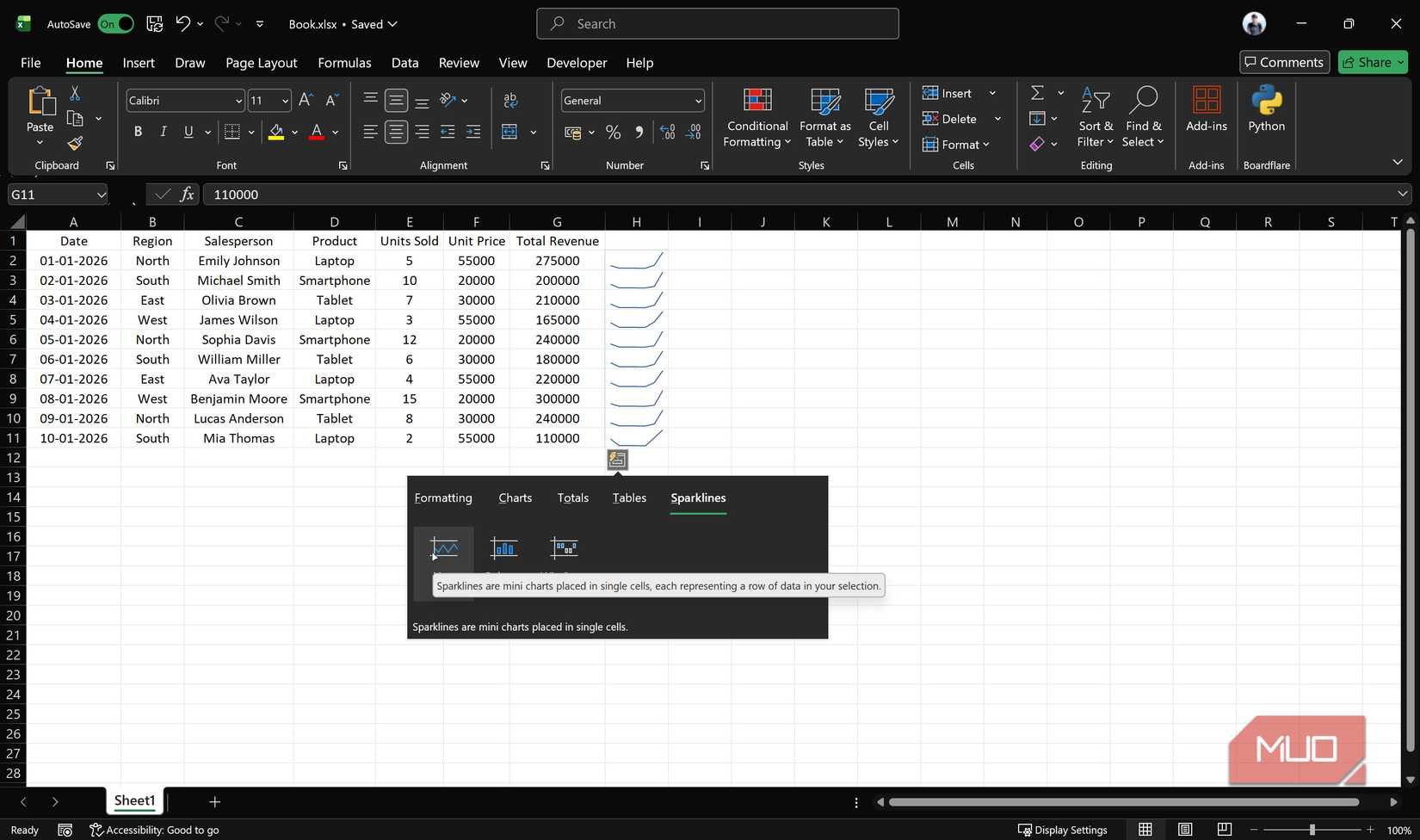 Excel Quick Analysis Sparklines option.