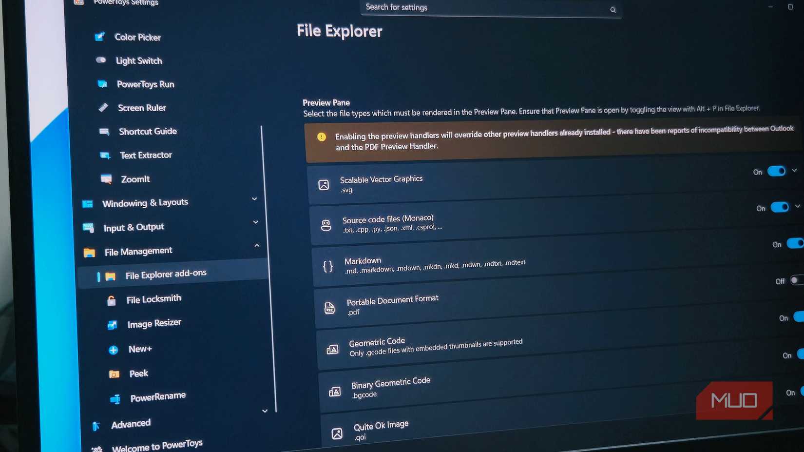 File Explorer ad-ons tab in PowerToys app