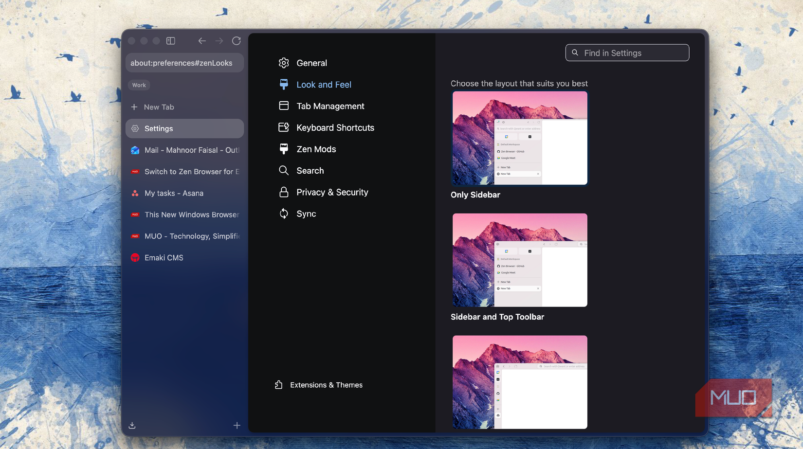 firefox browser settings menu showing layout options with sidebar and toolbar preview images