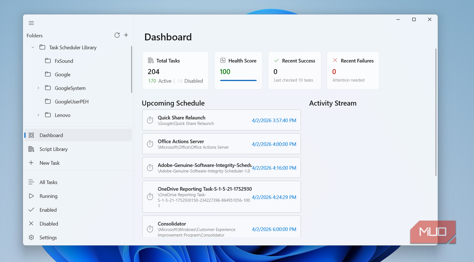 Windows PCでFluentTaskSchedulerのダッシュボードが表示されている様子