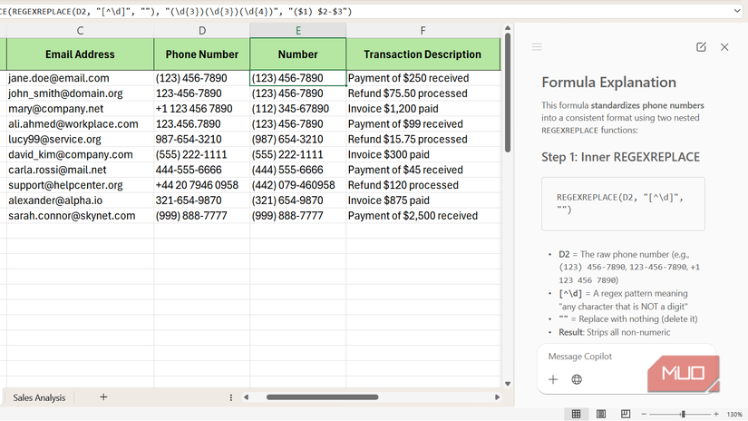 Formula explanation in Excel Copilot sidebar.