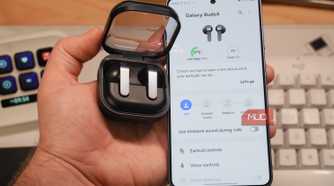 Samsung earbuds beside a Galaxy S26.