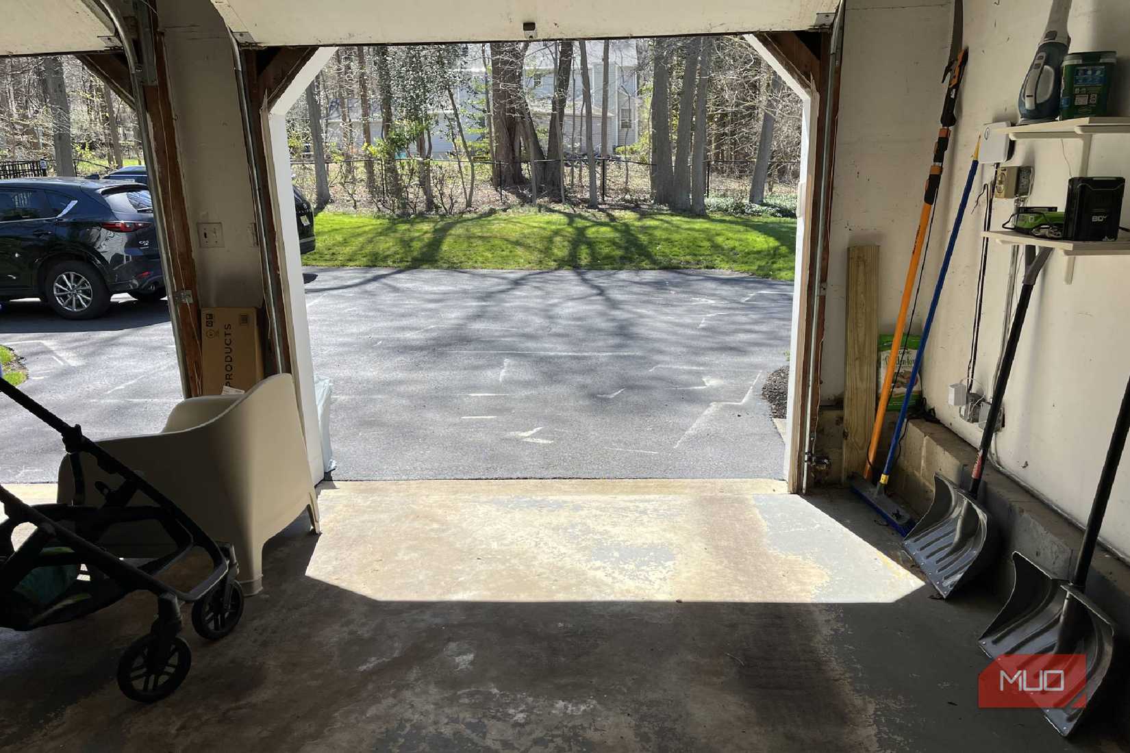 A garage with an open door