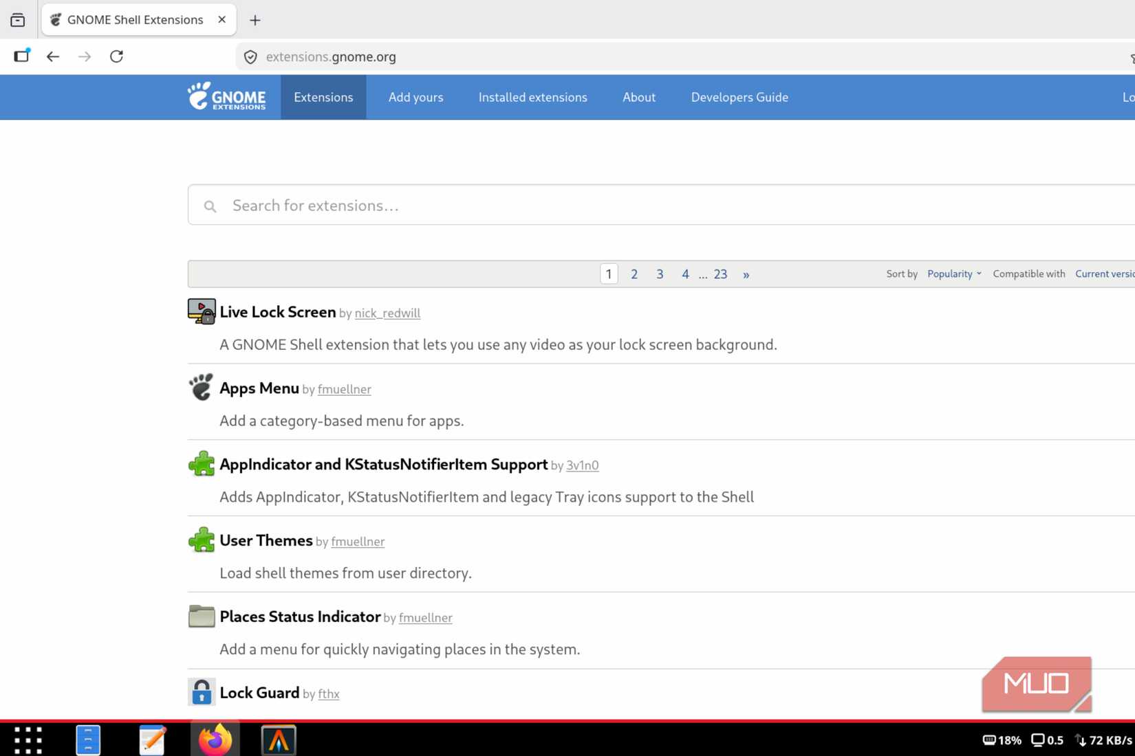 Using the Gnome extensions webpage