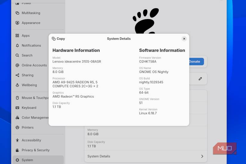 GNOME OSのシステム情報画面