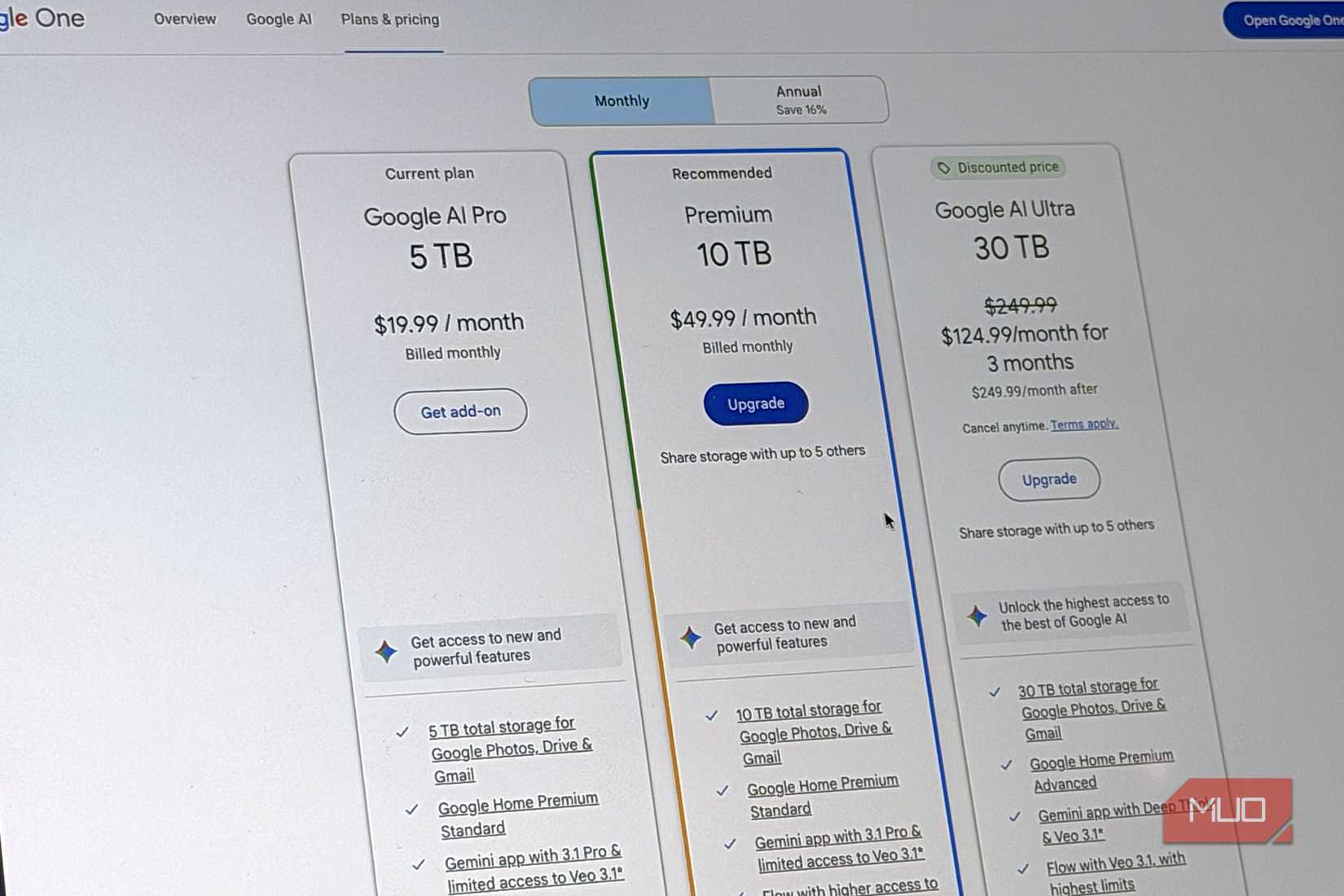 Google AI Proサブスクリプションの料金プラン表示